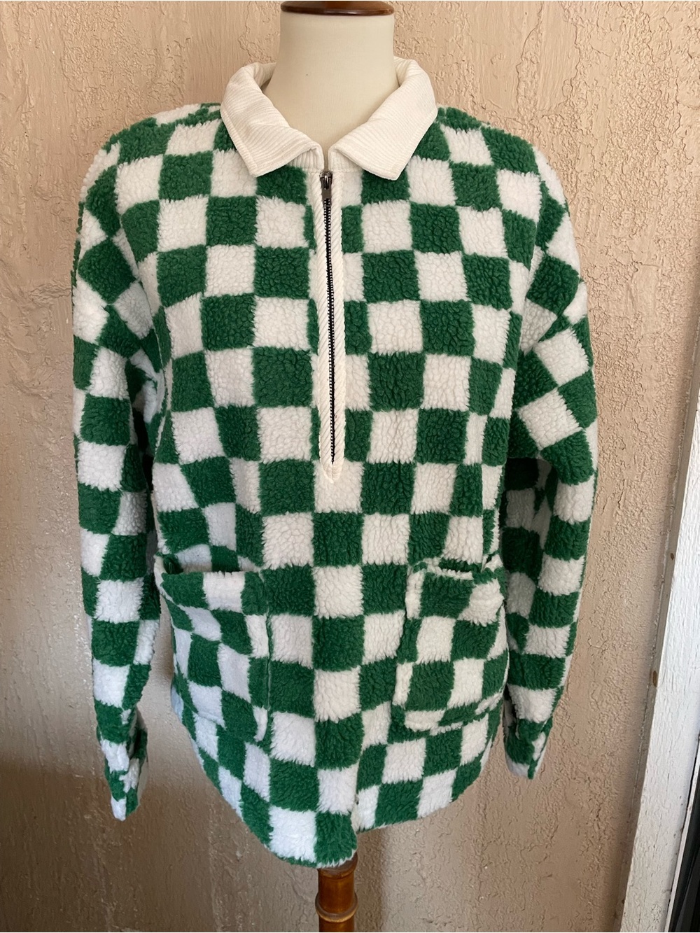 Bibi Green & White Checker Sherpa Half-Zip Pullover